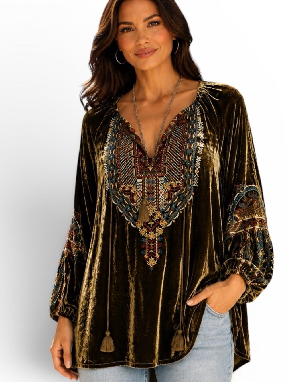 Johnny Was “Naomi Tiger eye” heavily embroidered velvet tunic NWT